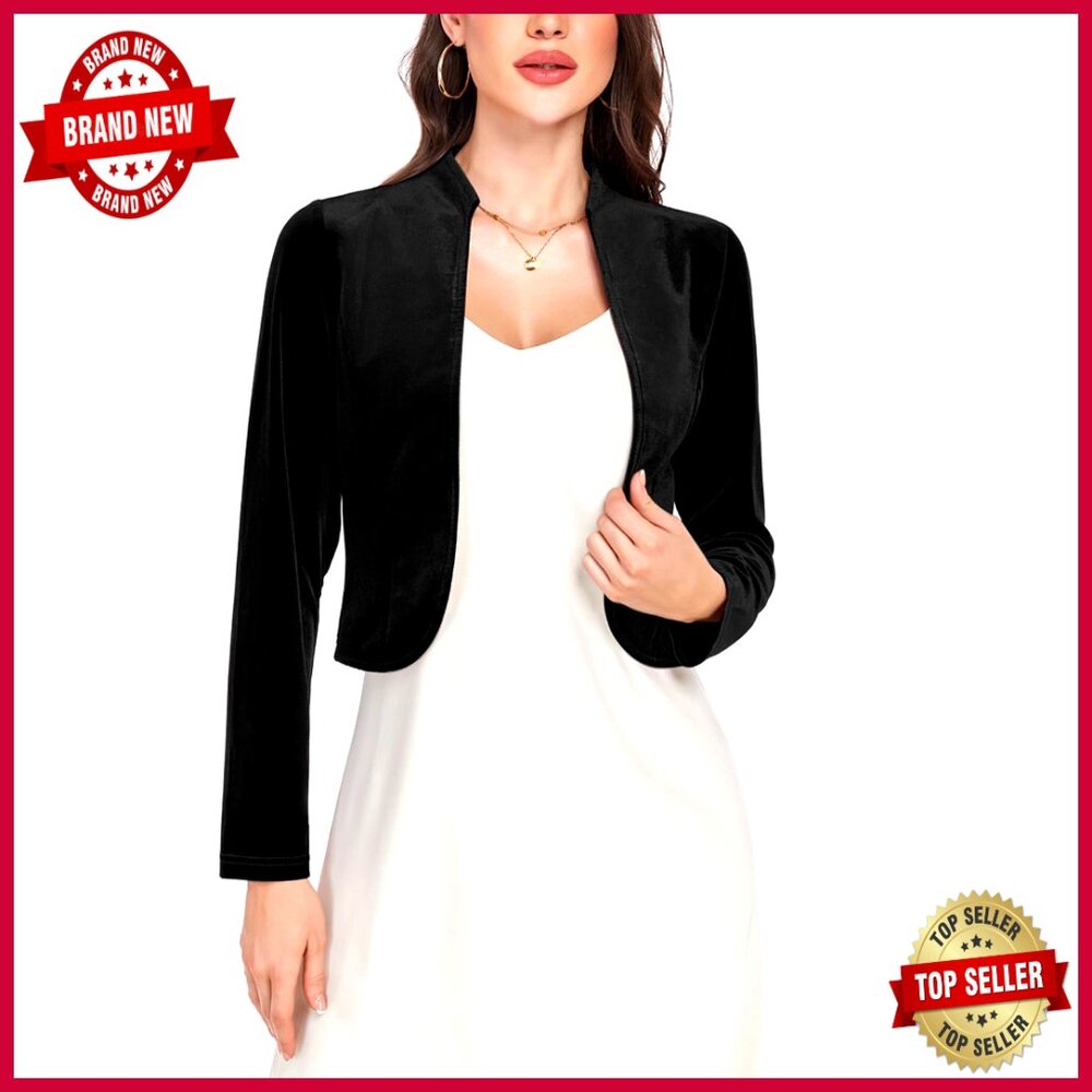 Velvet Bolero Shrug Long Sleeve Open Front Cropped Cardigan For Evening Dresses